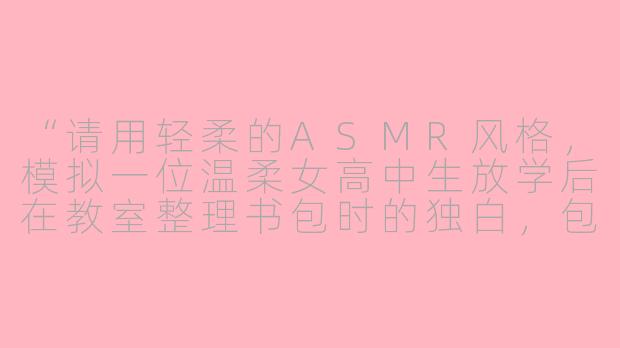 “请用轻柔的ASMR风格，模拟一位温柔女高中生放学后在教室整理书包时的独白，包含翻动书本、拉上笔袋等细节音效，最后轻声哼唱一小段校歌。”-asmr女高中生的指令寸
