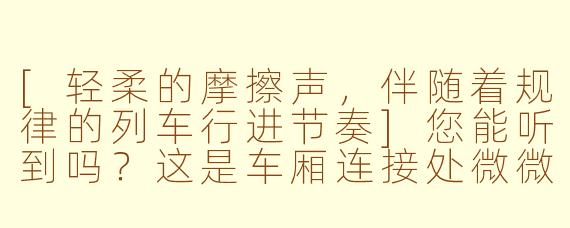 [轻柔的摩擦声，伴随着规律的列车行进节奏]您能听到吗？这是车厢连接处微微晃动的声音，还有窗外风景匀速流过的光影。桌板上这杯温水，正随着铁轨的韵律泛起一圈圈几乎看不见的涟漪。我们即将穿过隧道，请闭上眼睛，感受那由远及近、笼罩一切的轰鸣，然后是瞬间的宁静，只有车轮与铁轨的“咔嗒”声在黑暗中变得格外清晰……您觉得这段关于火车的ASMR，最能触动您的是哪一种声音呢？