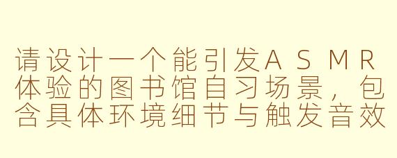 请设计一个能引发ASMR体验的图书馆自习场景,包含具体环境细节与触发音效描述。